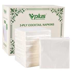 Vplus 3-ply cocktail napkins, soft and absorbent, ideal for restaurants and venues.