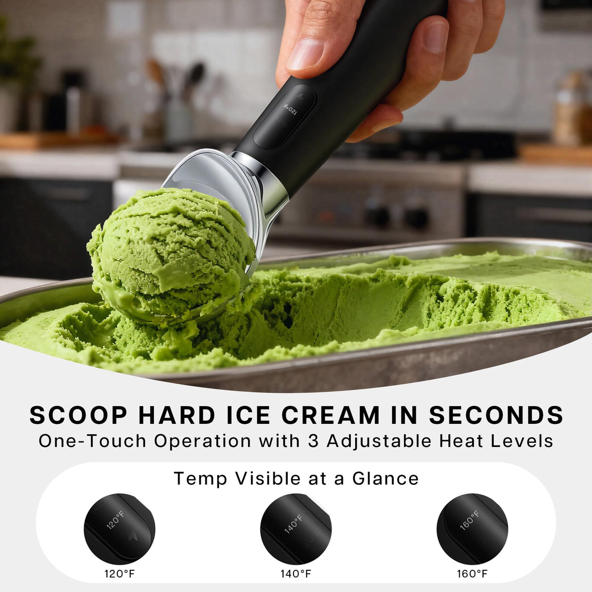 VRAIKO 3 level heats scoop enables smooth to firm dessert textures.