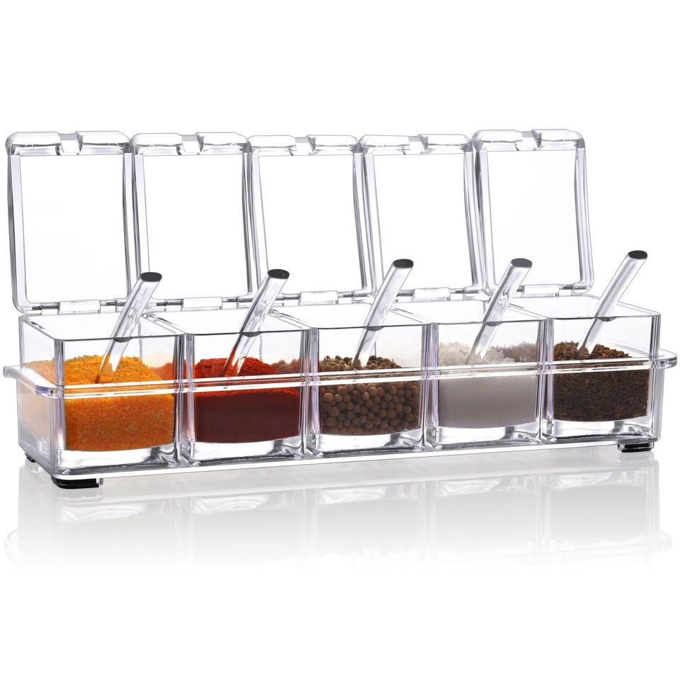 V·RESOURCING clear seasoning box set with five compartments for easy spice identification.