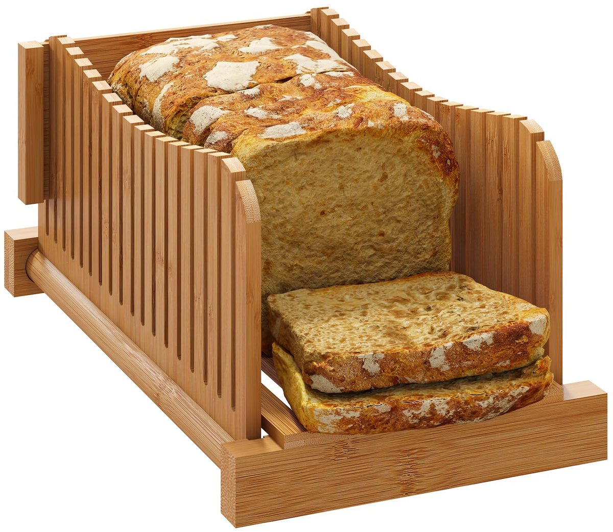Vriccc Bamboo Bread Slicer showing three width options for even slices