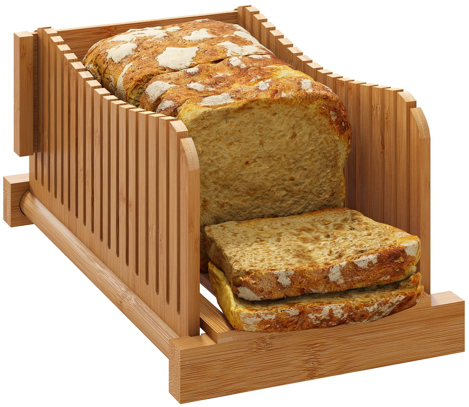 Vriccc Bamboo Bread Slicer showing three width options for even slices
