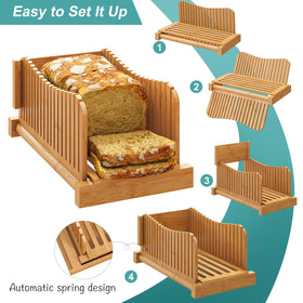 Vriccc Bamboo Bread Slicer folds for compact storage after use