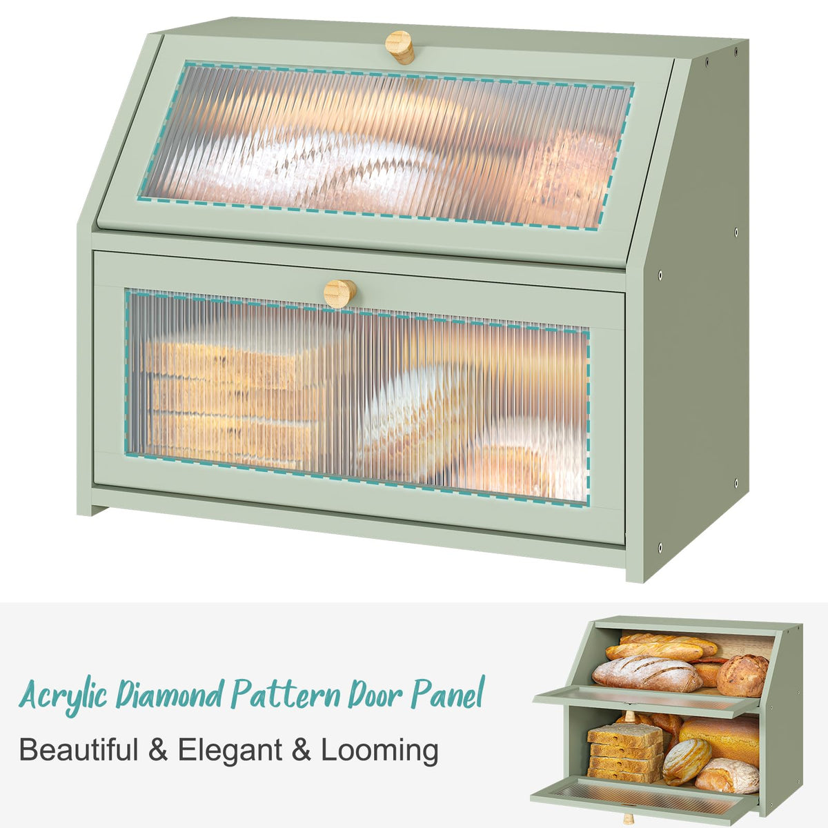 Vriccc Green Bread Box lid-open demonstrates easy access to baked goods