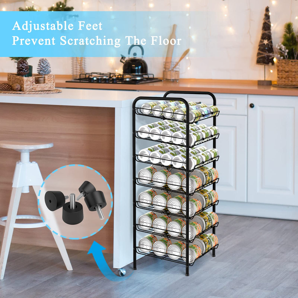 Vrisa can rack adjustable dividers help sort cans and keep pantry orderly.