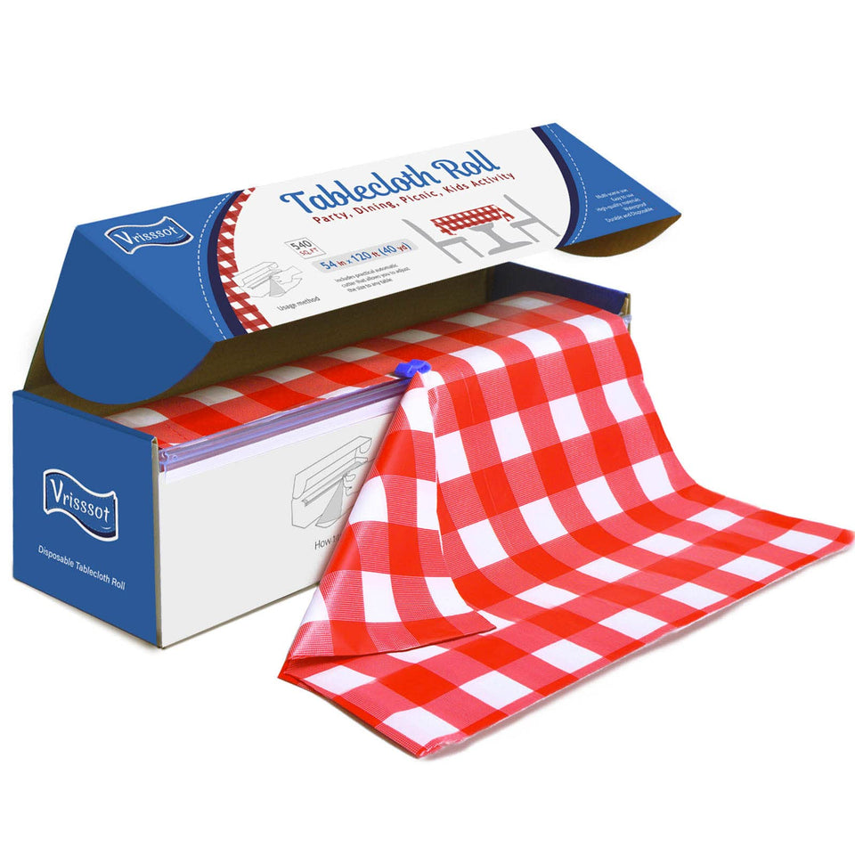 Vrisssot red checkered table cover roll ready for long parties and easy setup.