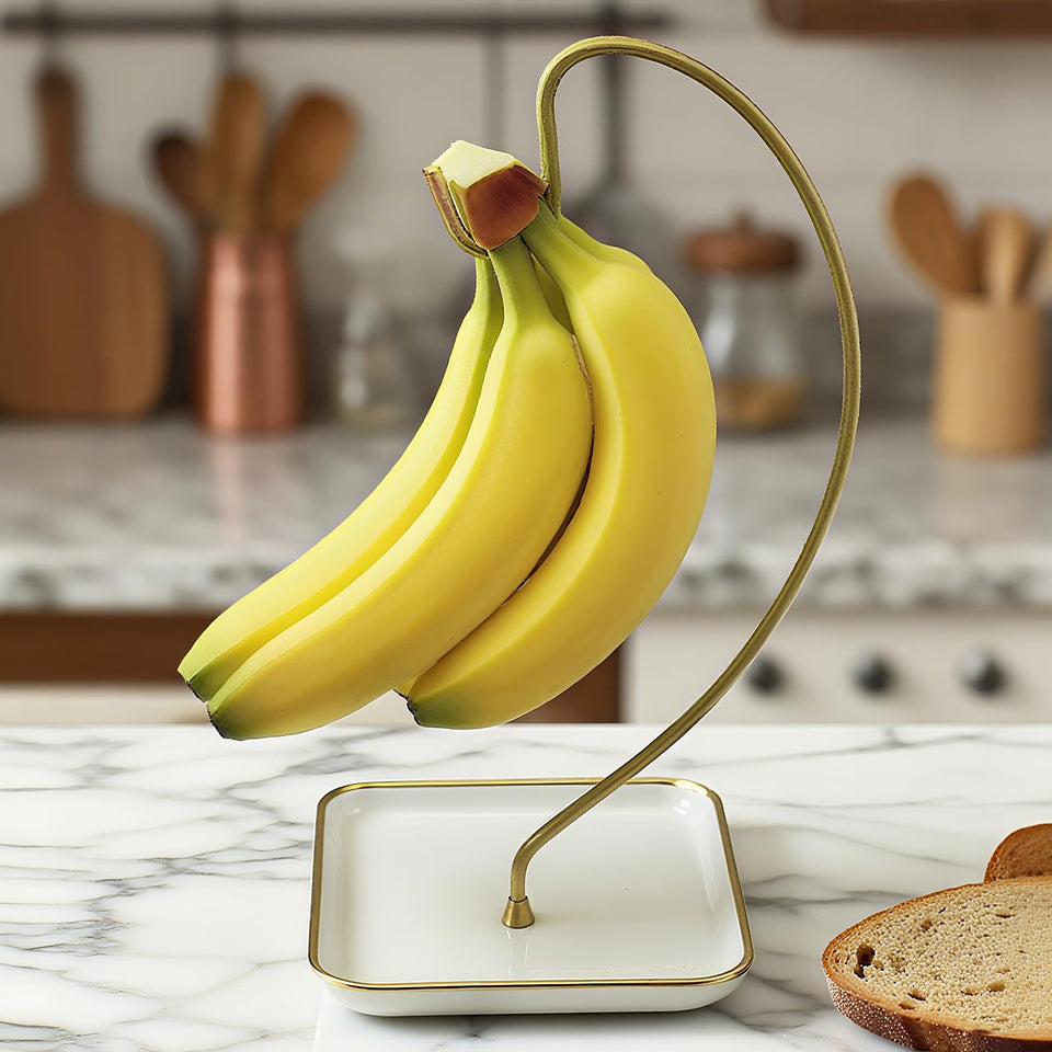 VROOMIUM banana holder stand with ceramic base stabilizes bananas and minimizes bruising
