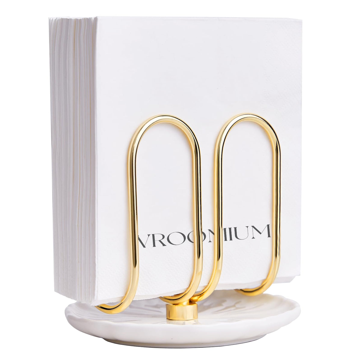 VROOMIUM napkin holder with ceramic base and gold stand provides stable table organization during meals