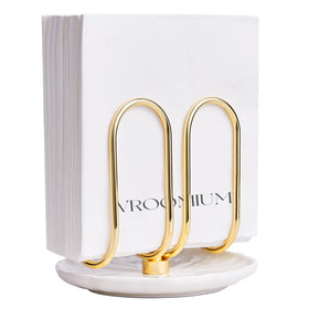 VROOMIUM napkin holder with ceramic base and gold stand provides stable table organization during meals
