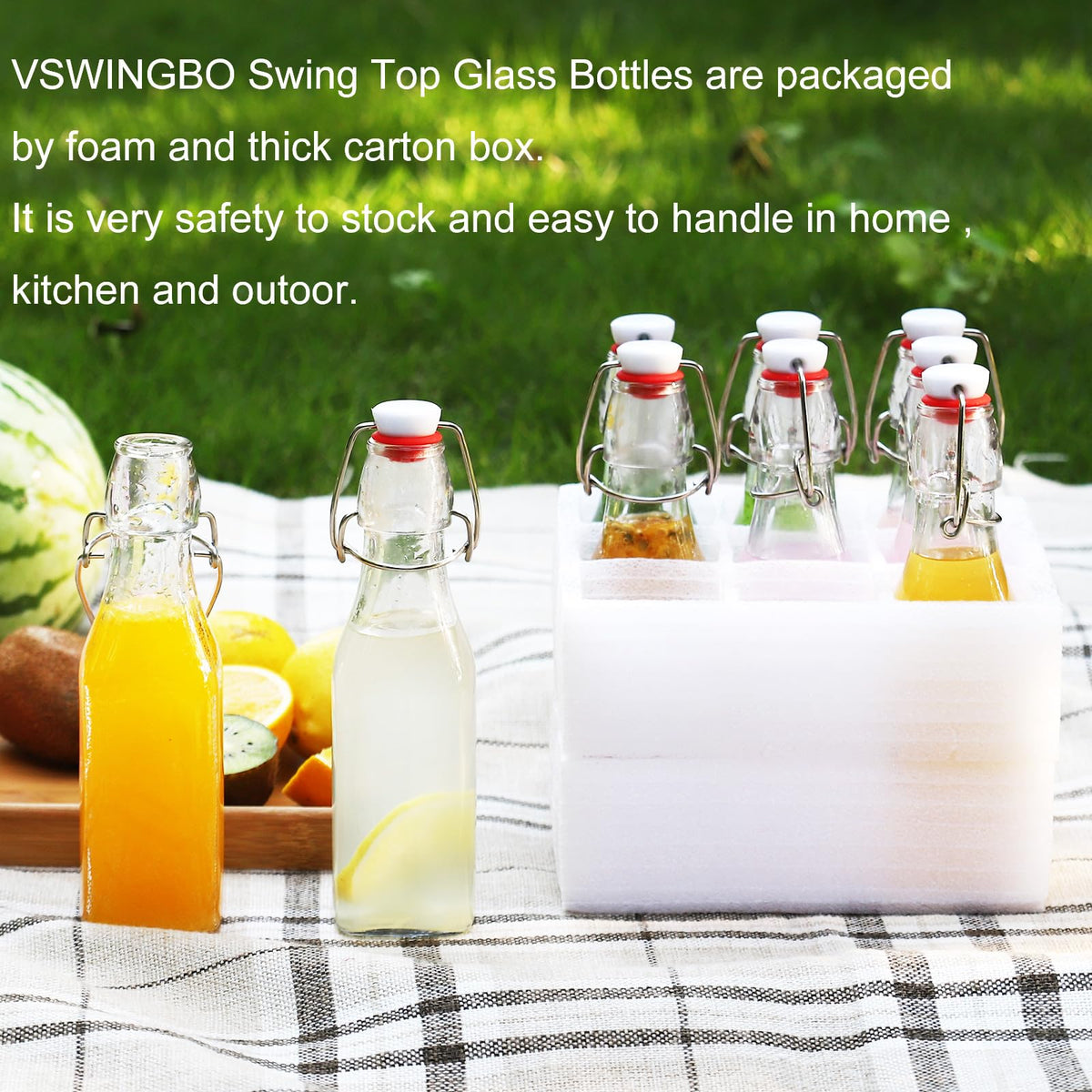 VSWINGBO 8oz bottles shown as dishwasher-safe for easy cleaning and reuse.