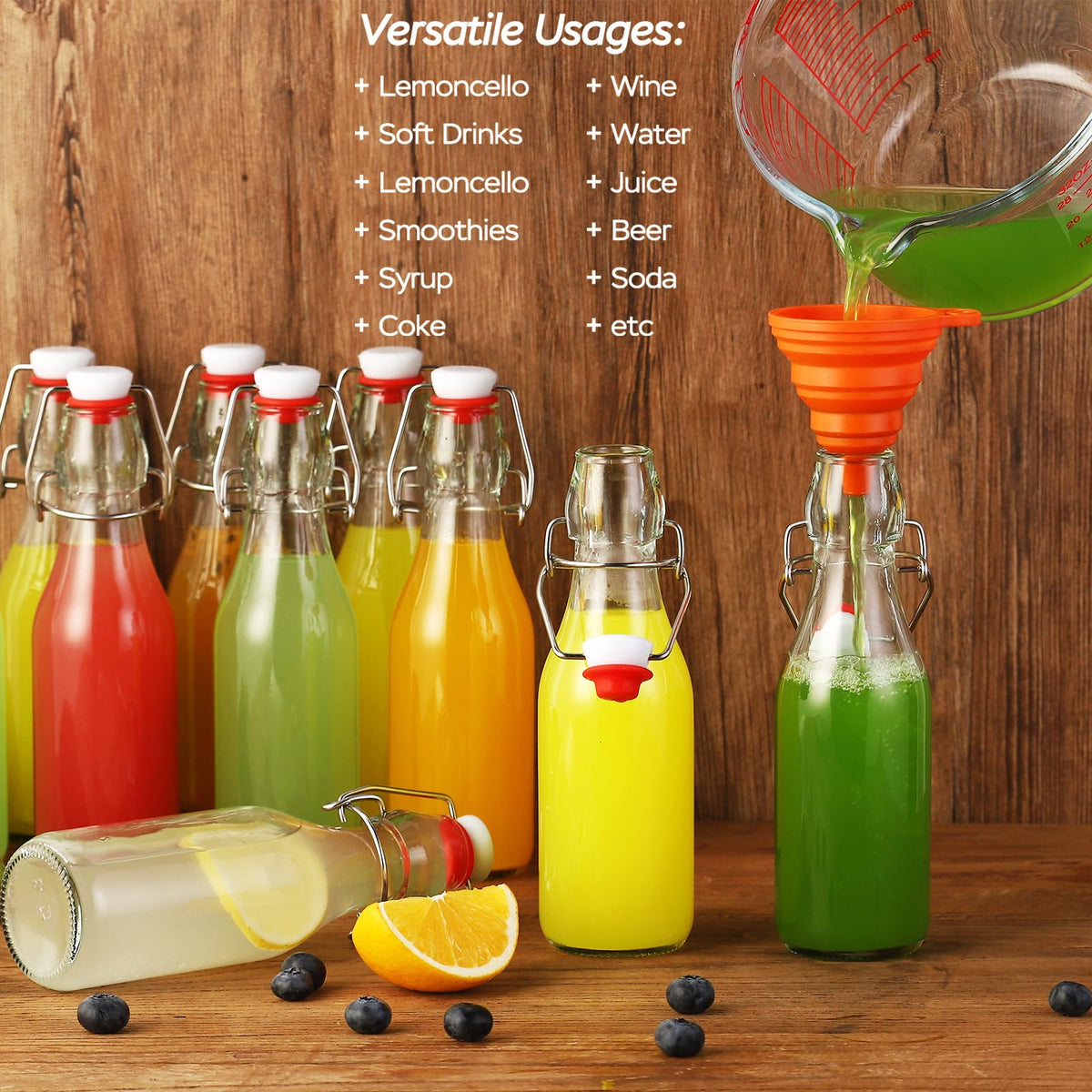 VSWINGBO glass bottle for oil and vinegar with flip-top cap.