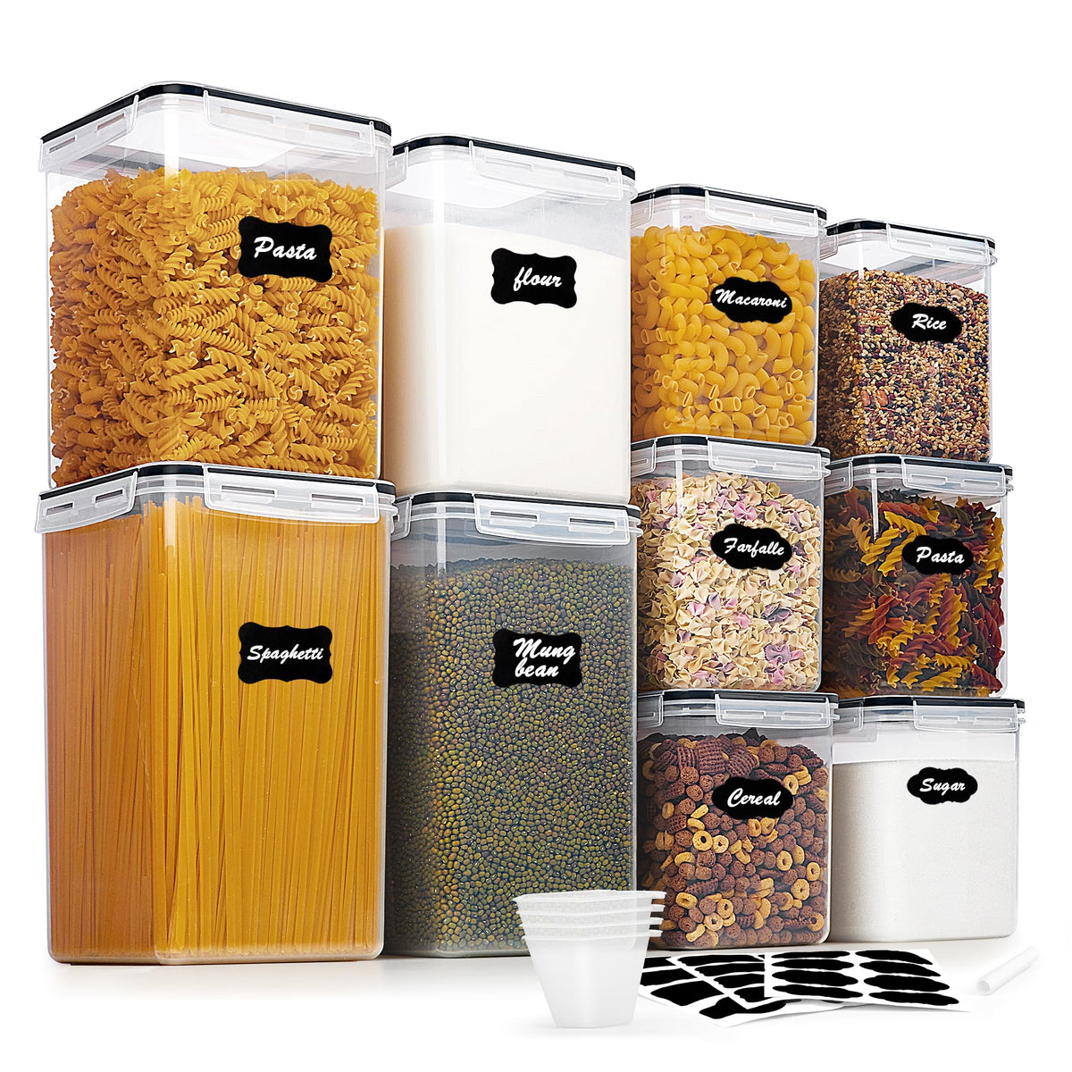 Vtopmart 10pc flour and sugar storage set—clear, stackable containers for pantry organization.