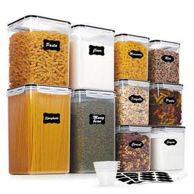 Vtopmart 10pc flour and sugar storage set—clear, stackable containers for pantry organization.