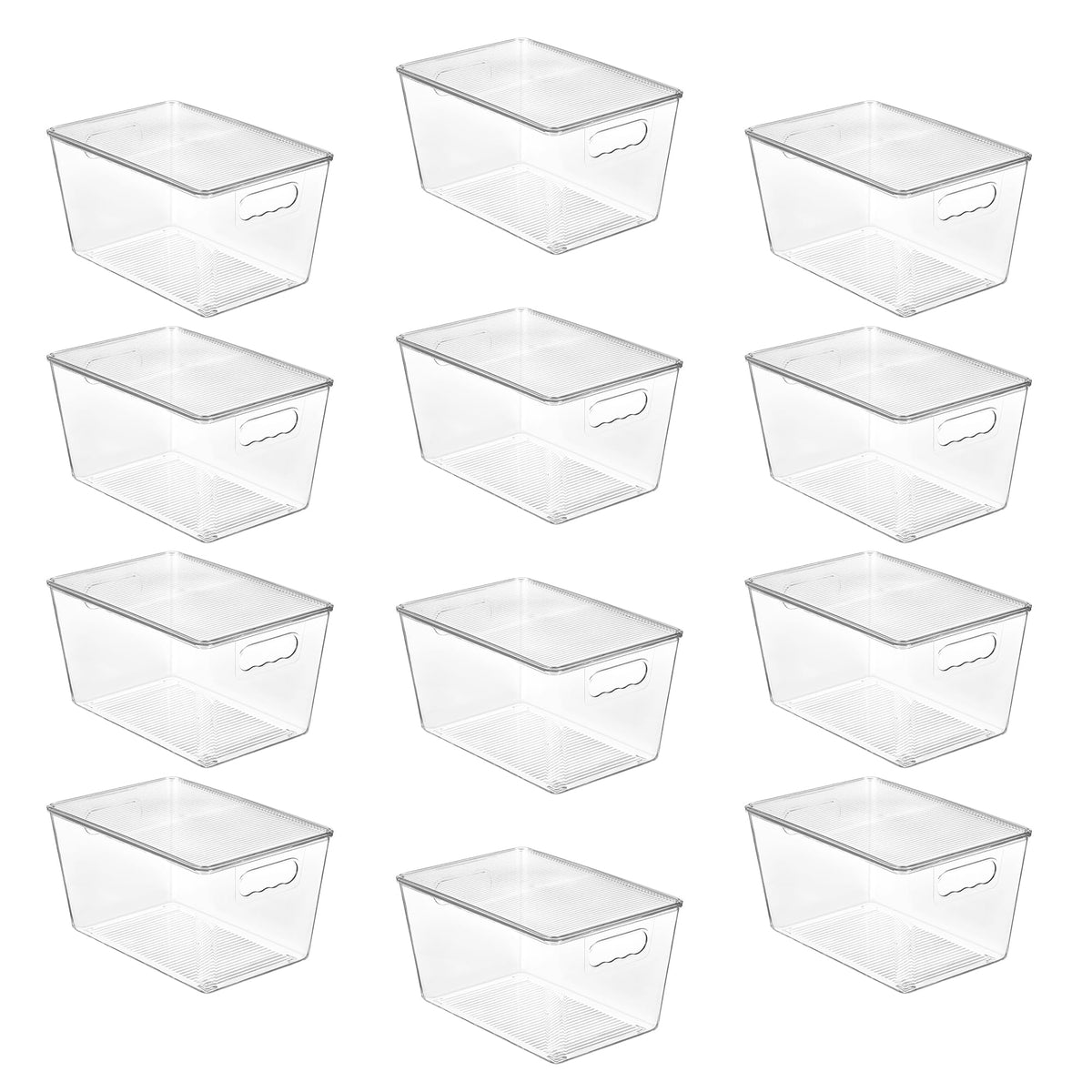 Vtopmart 12-pack clear stackable bins with lids for pantry organization and easy visibility.