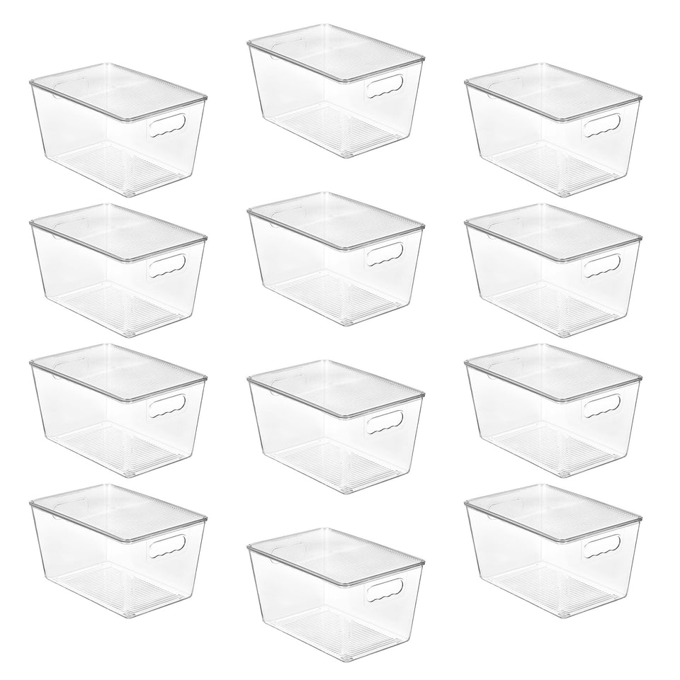 Vtopmart 12-pack clear stackable bins with lids for pantry organization and easy visibility.