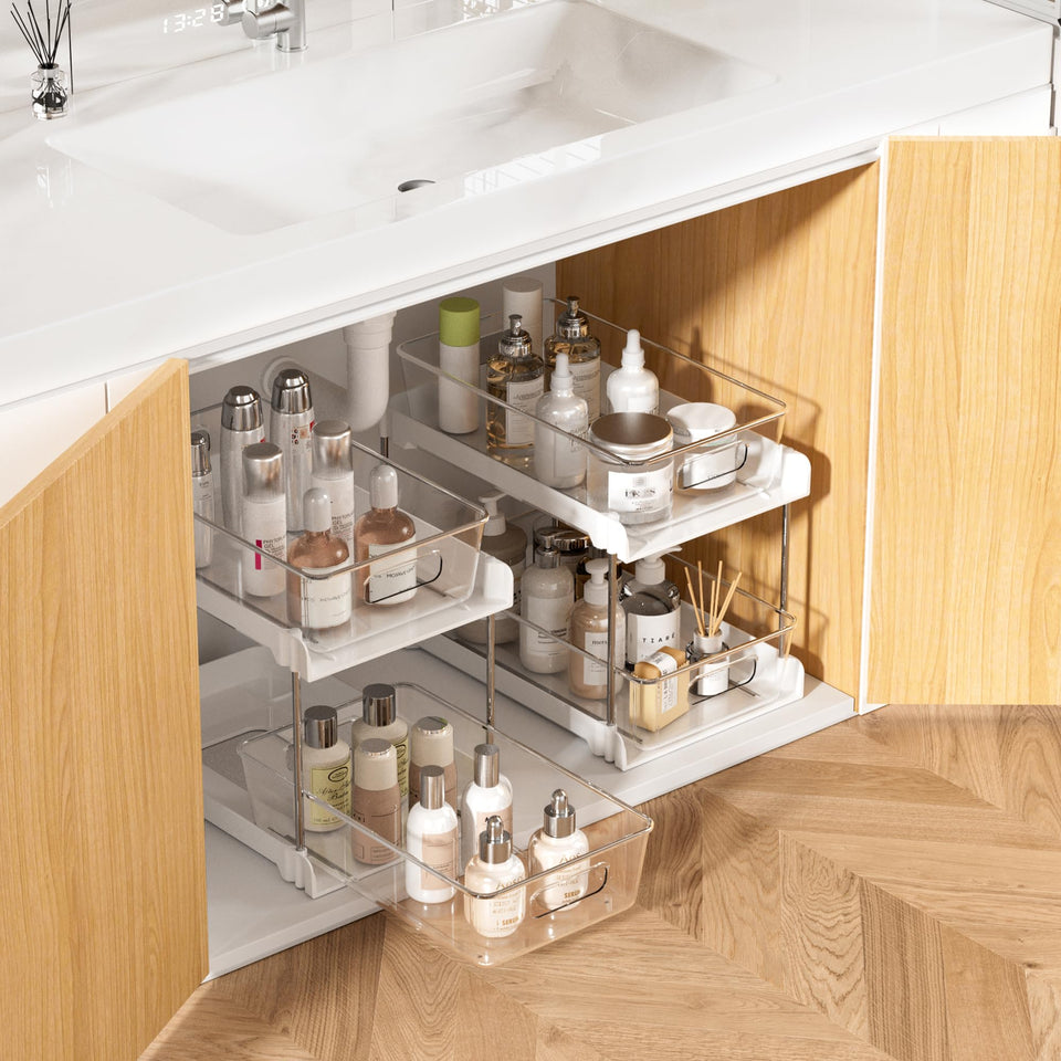 Vtopmart 2-pack two-tier under-sink organizer keeps spaces tidy.