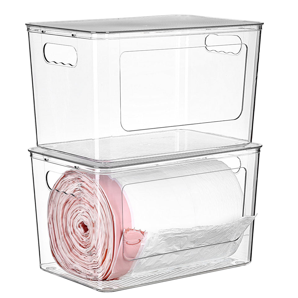 Vtopmart 2-pack trash bag holder with clear front opening for easy refills.