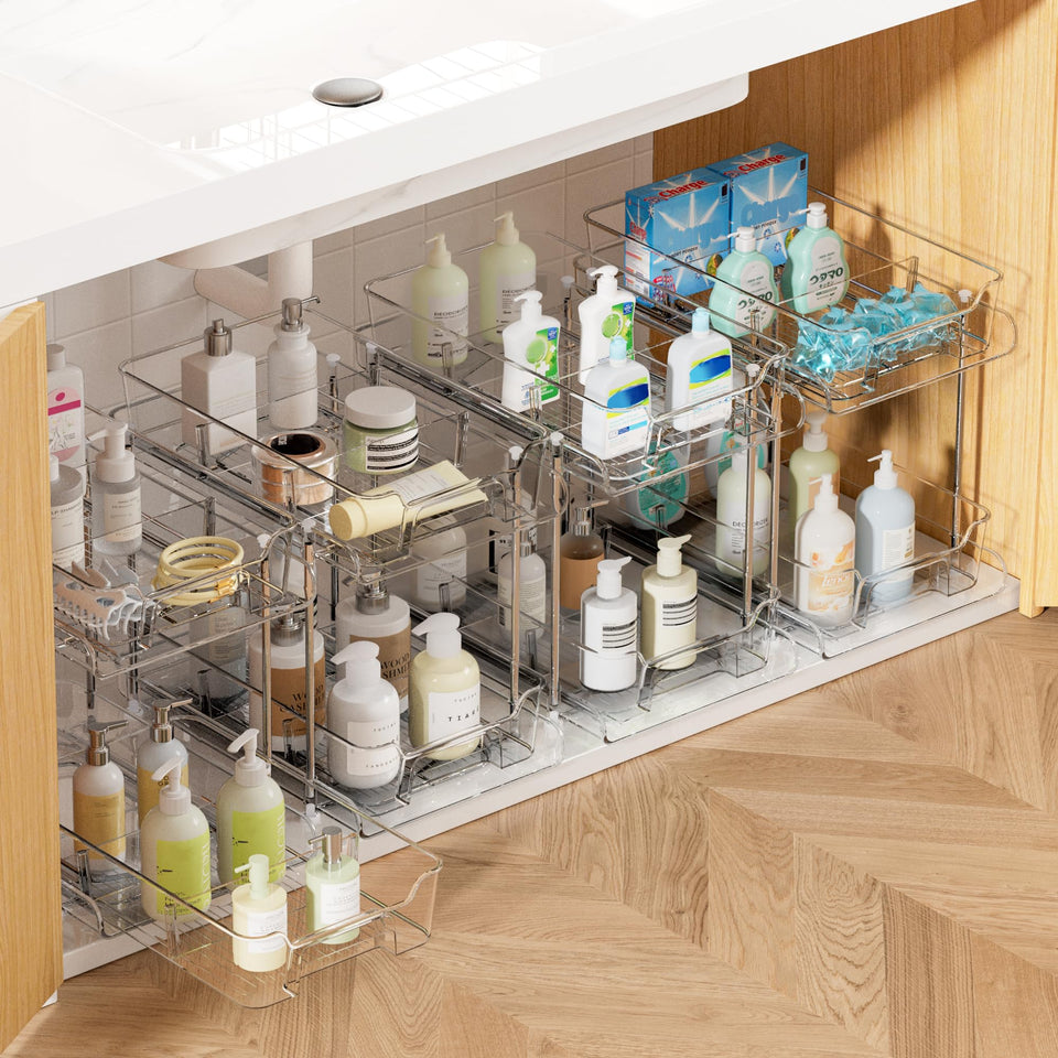 Vtopmart 4-pack 2-tier under-sink organizer in clear design for easy access