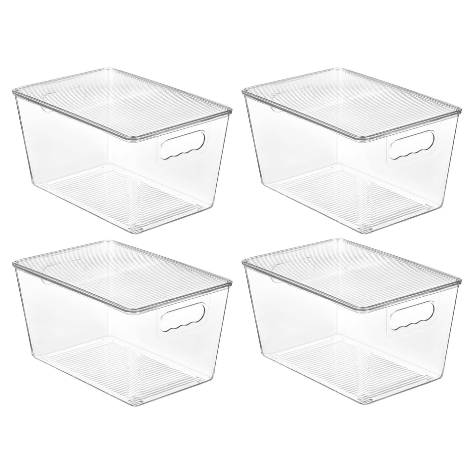 Vtopmart 4-pack clear bins with lids for organized pantry storage.