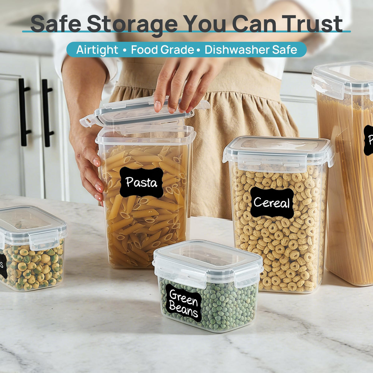 Vtopmart 4-size set fits contents from flour to snacks with easy labeling.