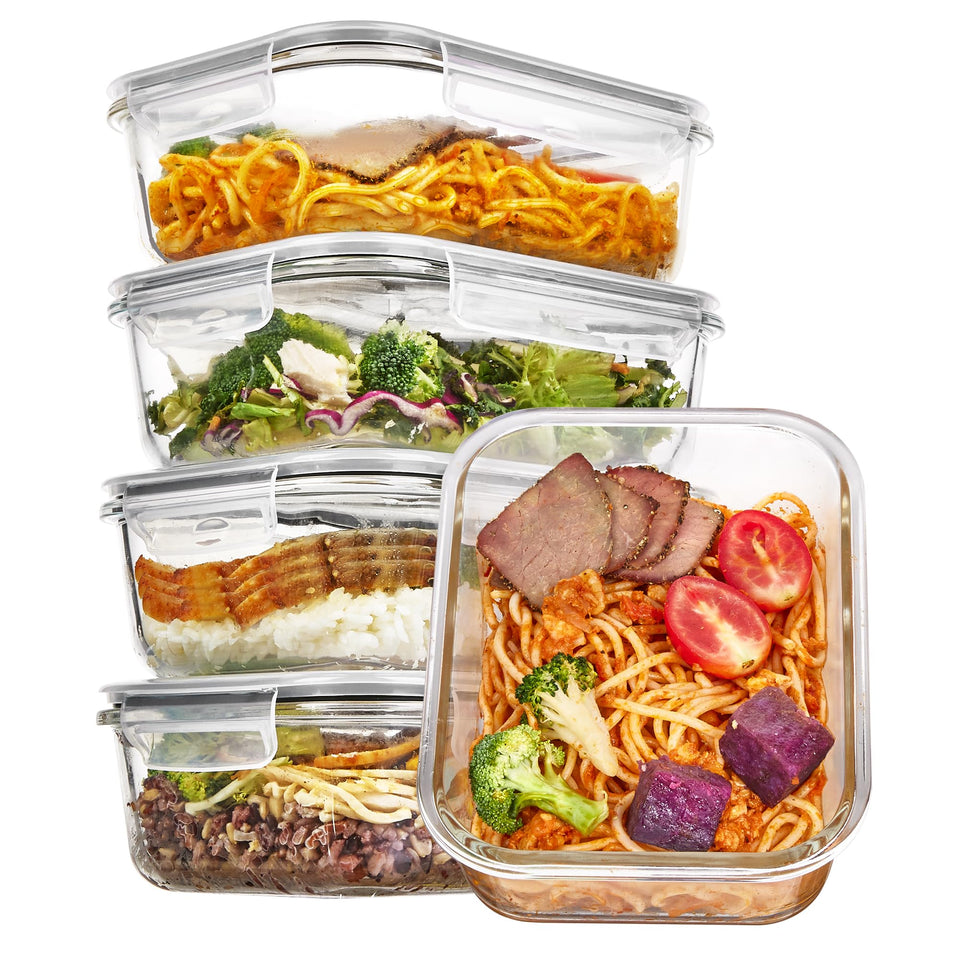 Vtopmart 5-pack 35oz glass containers for meal prep and organized portions.