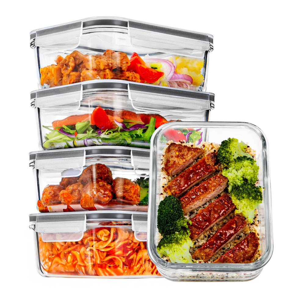 Vtopmart 5Pack 30oz glass storage containers for meal prep and leftovers, clear and durable.