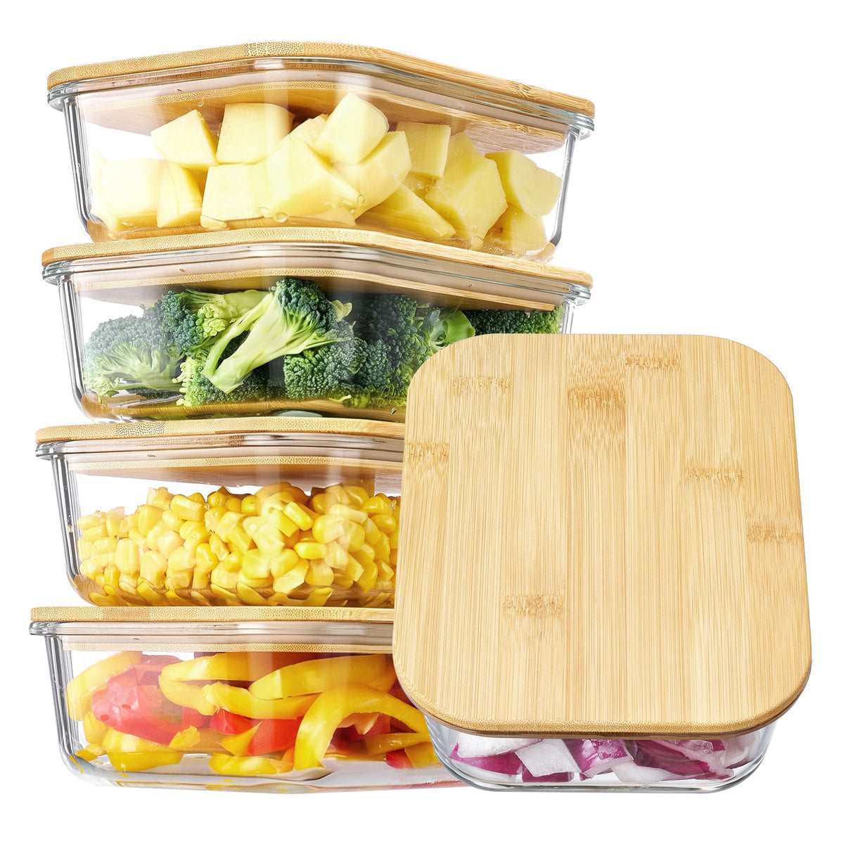 Vtopmart 5-pack glass containers with bamboo lids for meal prep and clear contents.