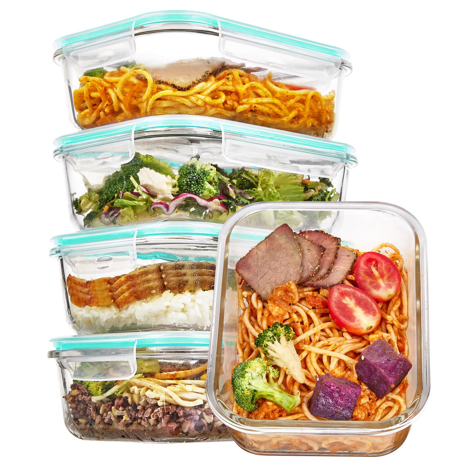 Vtopmart 5-pack 35oz glass containers with lids for organized meal prep.