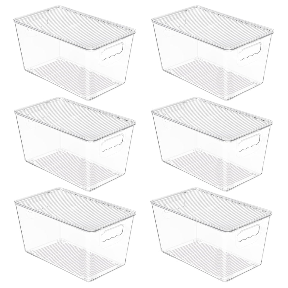 Vtopmart six-pack clear stackable bins with lids for organized pantry storage.
