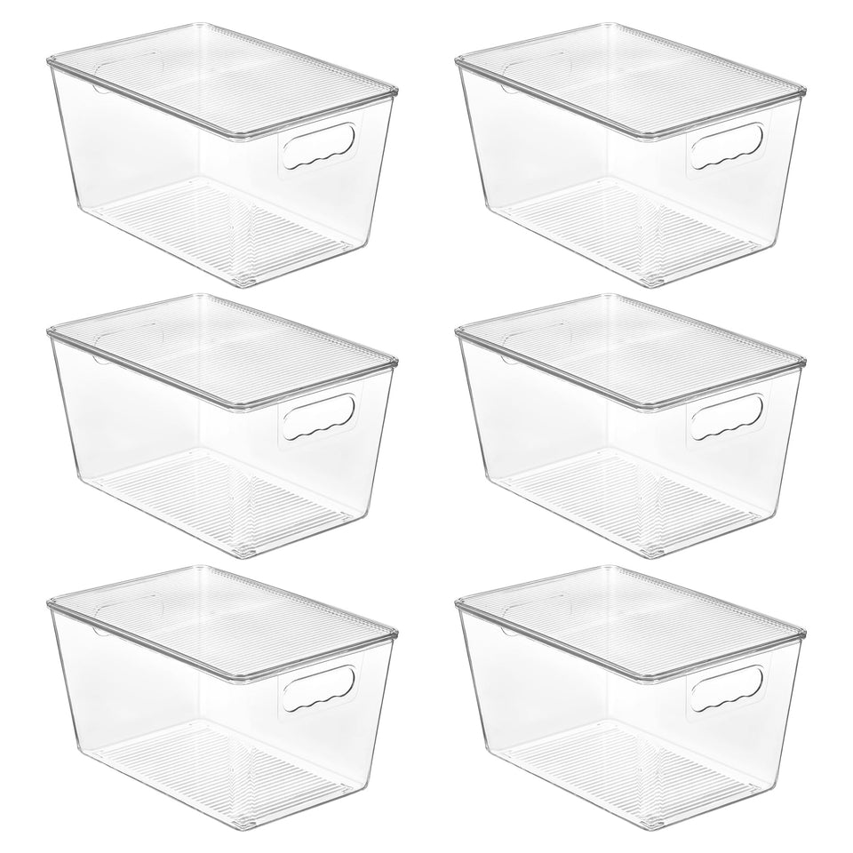Vtopmart 6-pack clear stackable bins with lids for easy pantry organization.