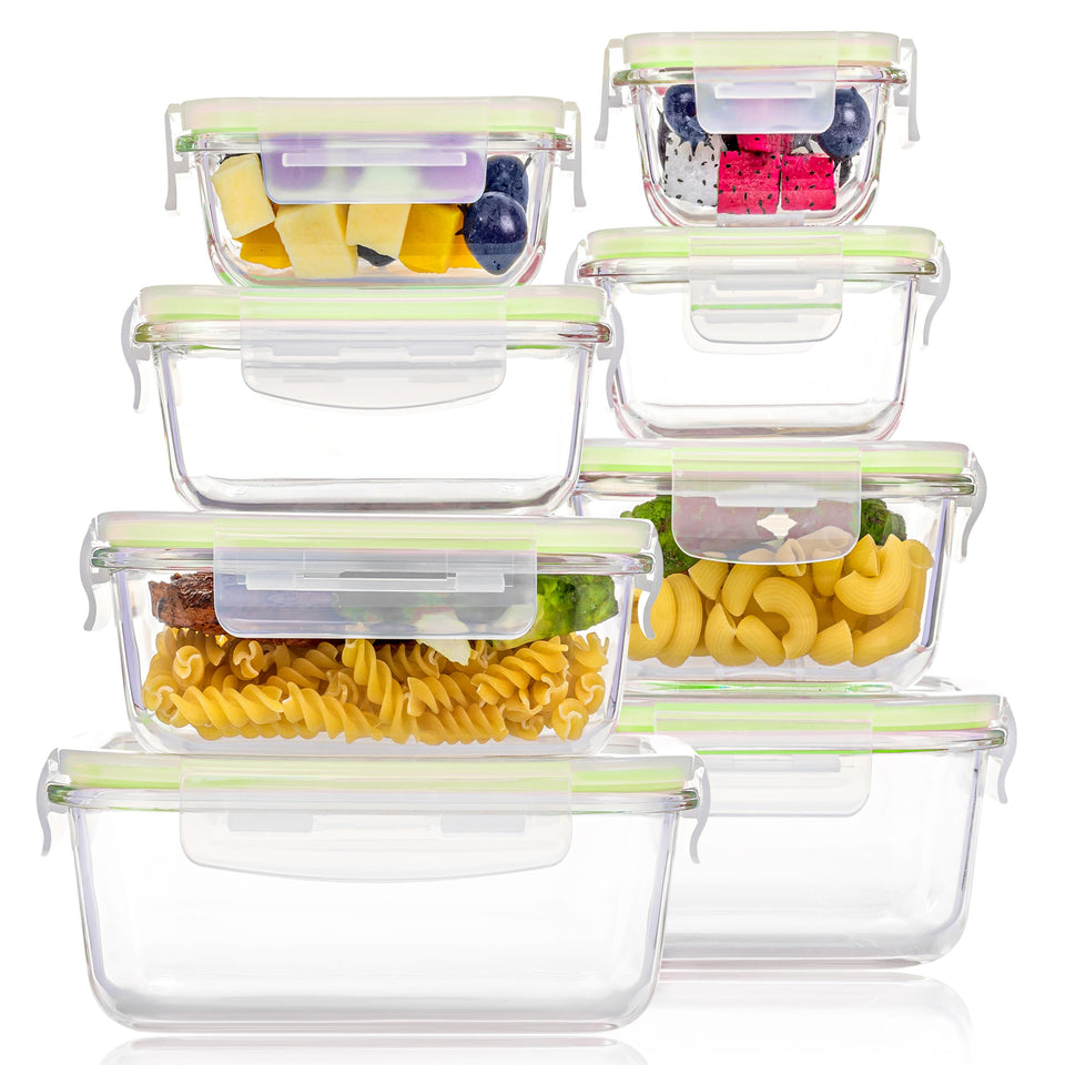 Vtopmart 8-pack rectangular glass containers for meal prep and leftovers.