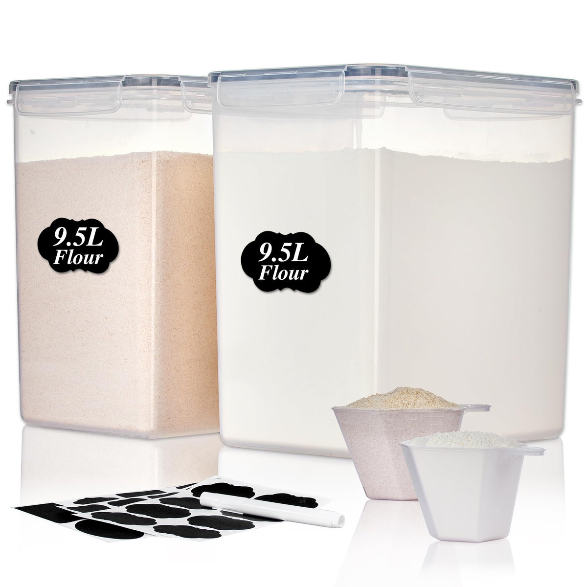 Vtopmart 9.5L flour container front view showing airtight design for bulk baking storage.
