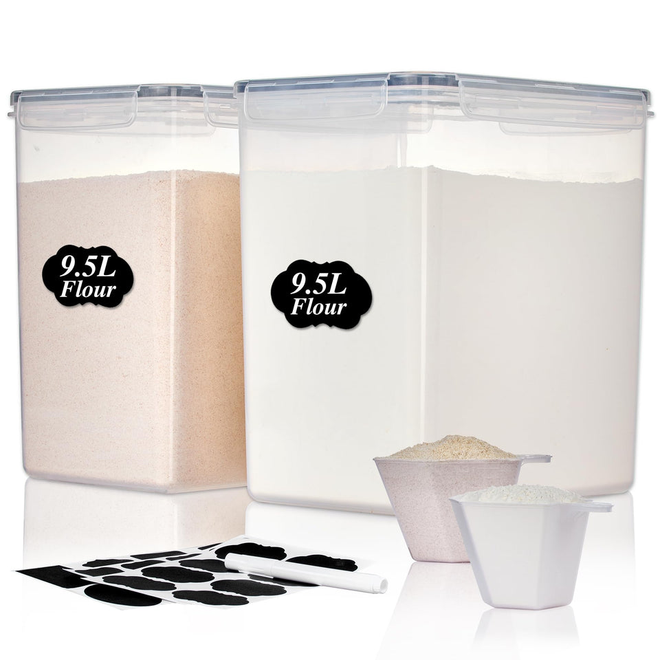 Vtopmart 9.5L flour container front view showing airtight design for bulk baking storage.