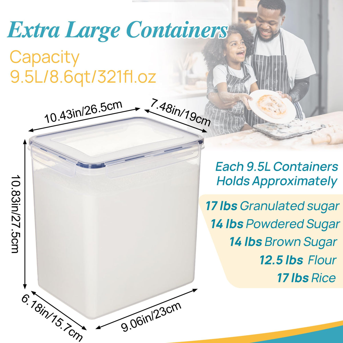 Vtopmart 9.5L sugar container side view with secure lid to prevent clumping.