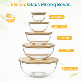 Vtopmart nesting bowls with bamboo lids neatly organized on a counter.