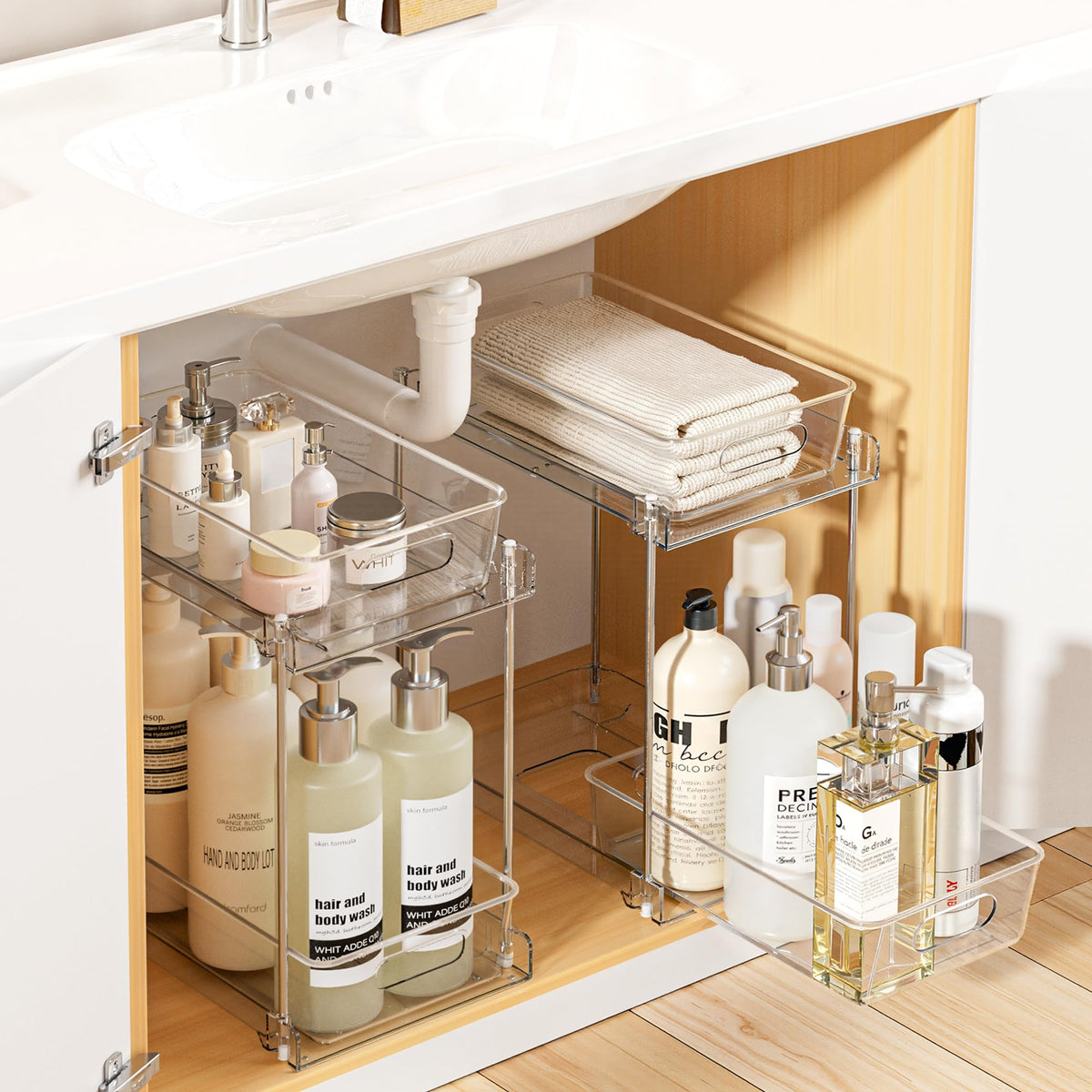 Vtopmart two-tier bathroom organizer under sink with pull-out design for easy reach.