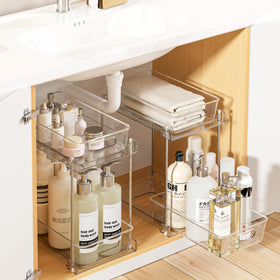 Vtopmart two-tier bathroom organizer under sink with pull-out design for easy reach.
