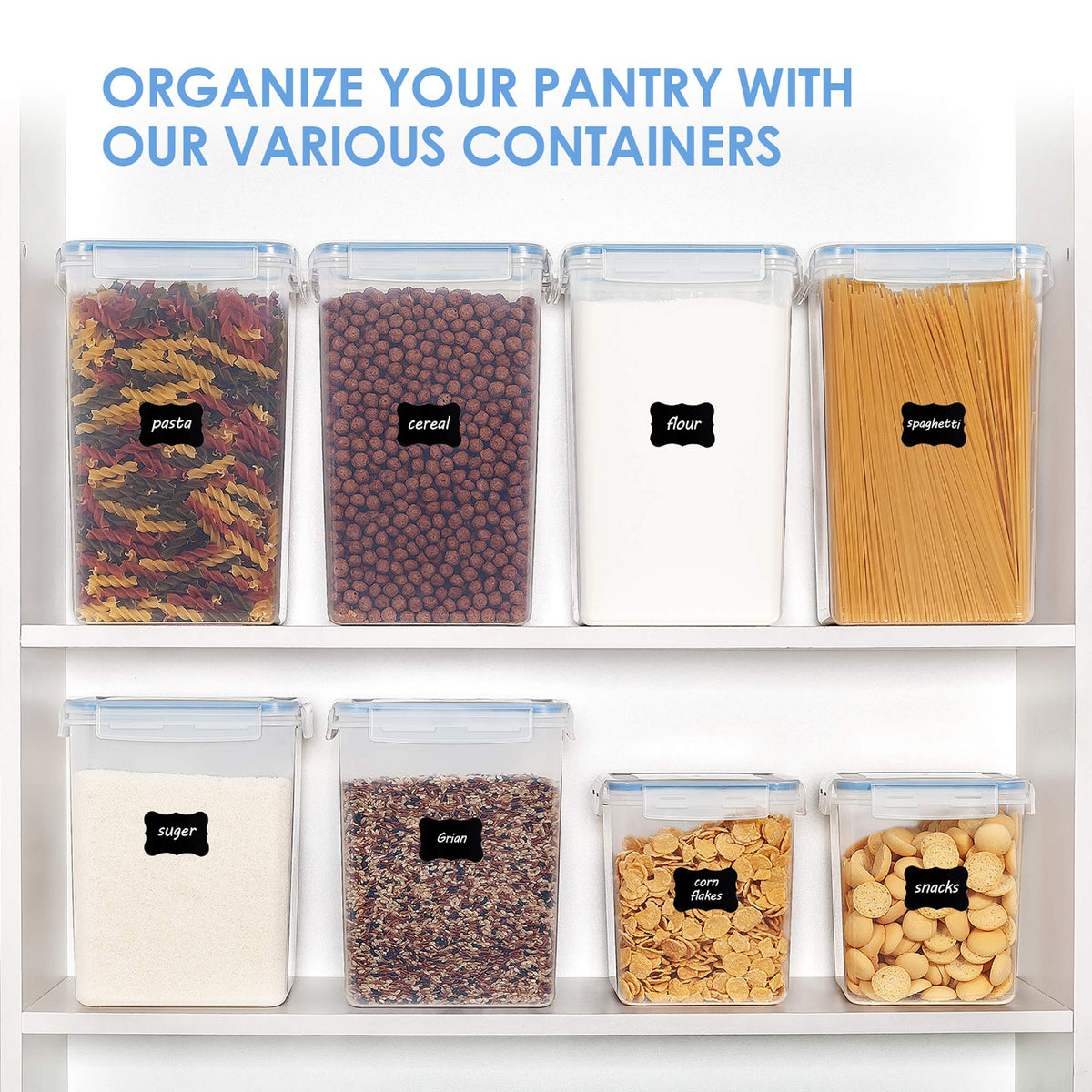 Vtopmart blue-lid airtight seal for dry foods and snacks.