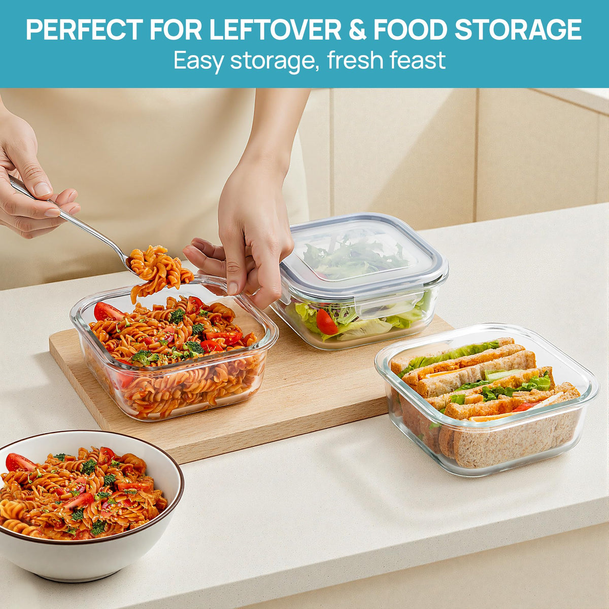 Vtopmart borosilicate glass storage keeps fruits, salads, and leftovers safe.