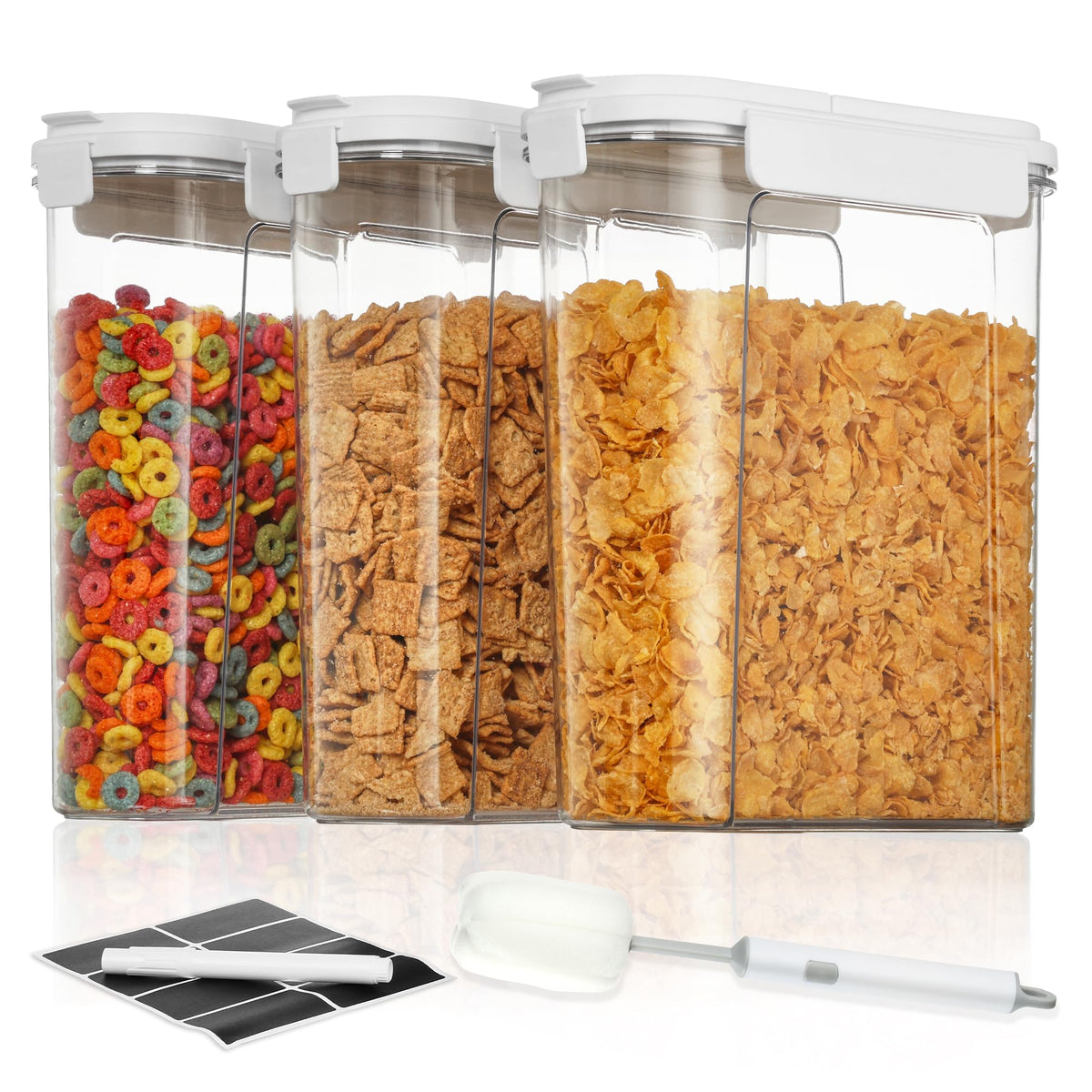 Vtopmart cereal containers set on countertop for organized pantry storage.