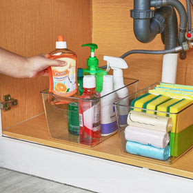 Vtopmart clear bin dimensions 11.2 by 7.5 by 6 inches fit shelves.