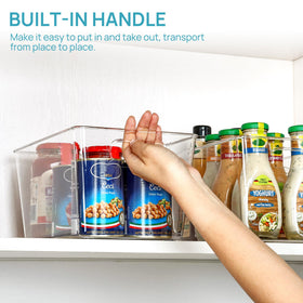 Vtopmart clear bin stackable design demonstrates space-saving pantry arrangement.