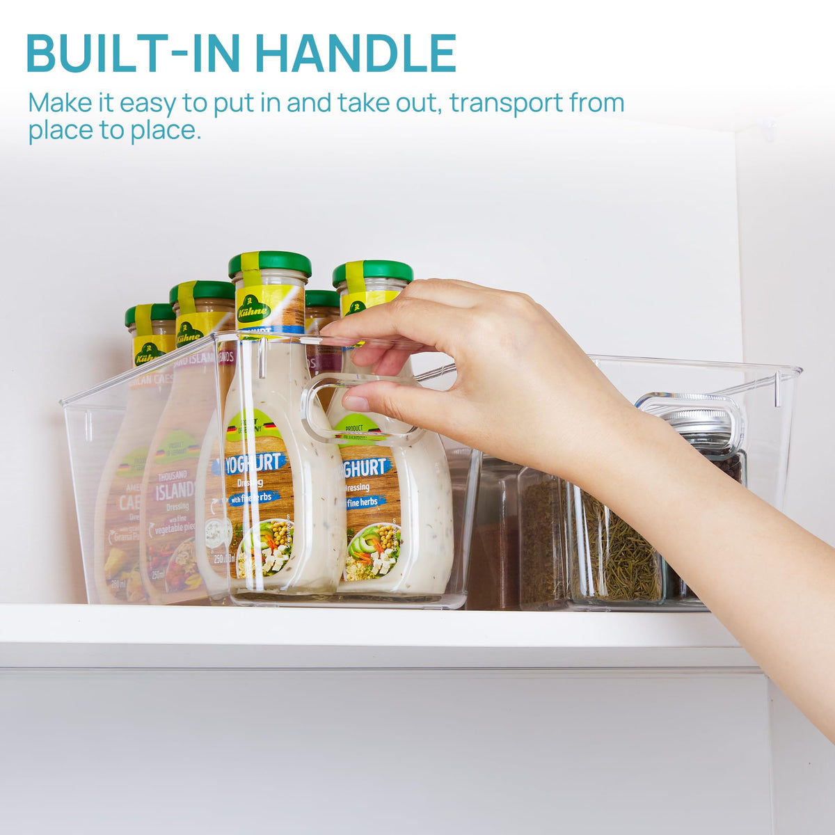 Vtopmart clear bin with built-in handles for easy transport.