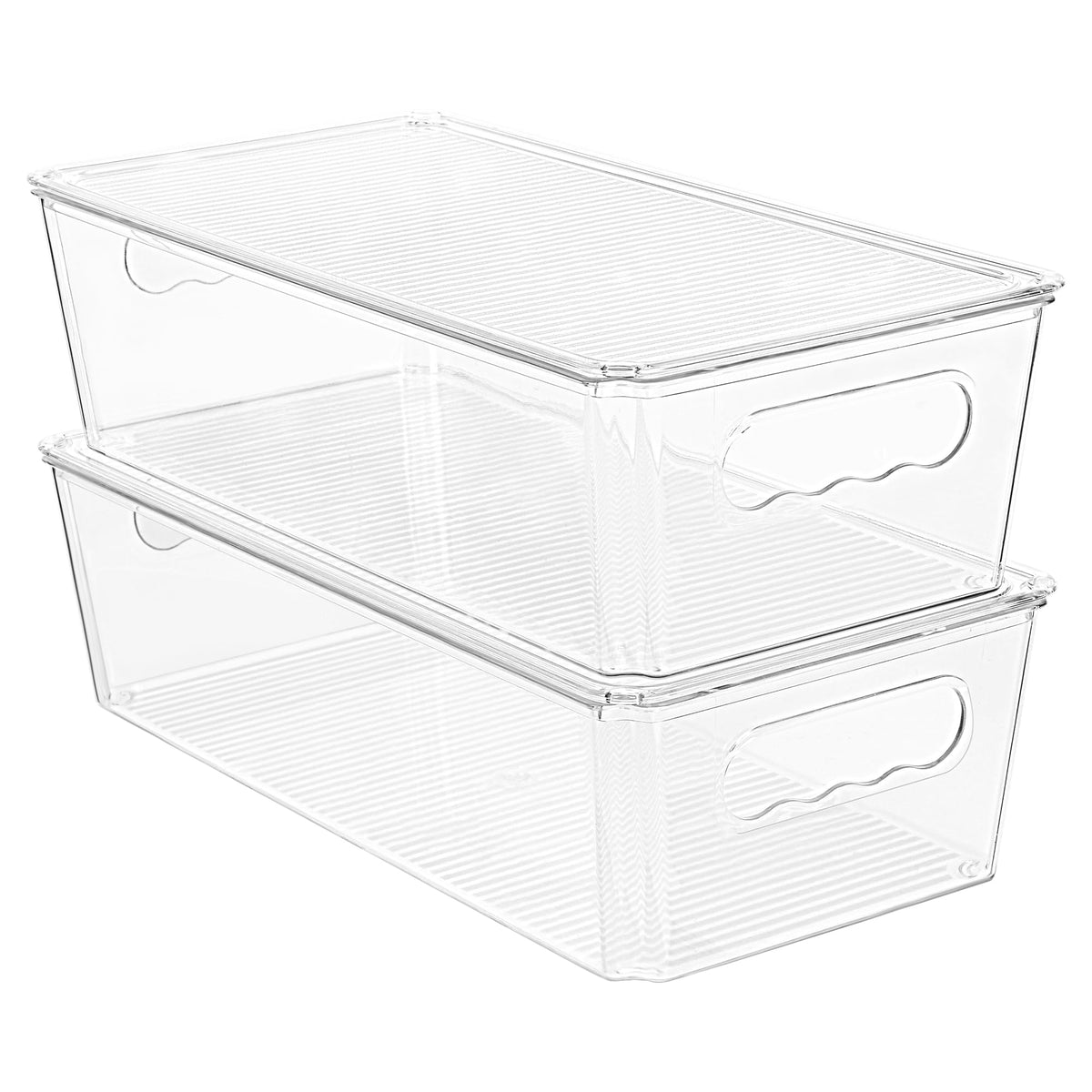 Vtopmart clear organizer bin with lids offers easy visibility and stackable storage for groceries.