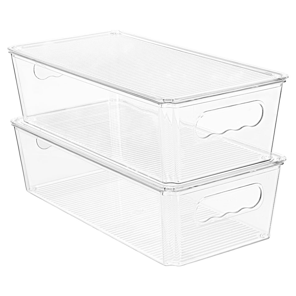 Vtopmart clear organizer bin with lids offers easy visibility and stackable storage for groceries.