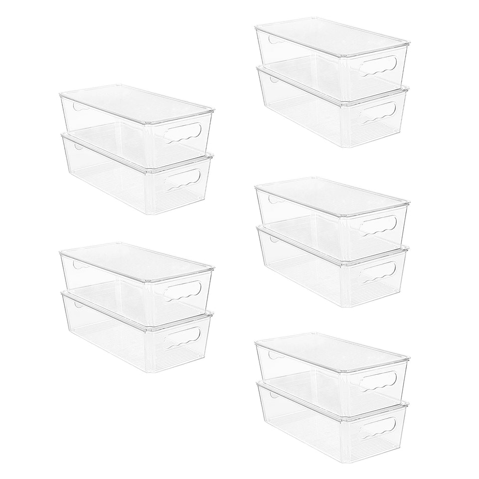 Vtopmart clear organizer bins with lids stacked in fridge for easy access.