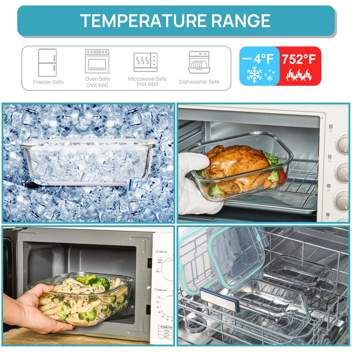 Dishwasher-safe glass containers with removable lids for cleaning
