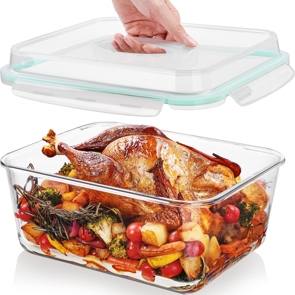 Vtopmart extra large glass container with lids open, easy scooping during meal prep.
