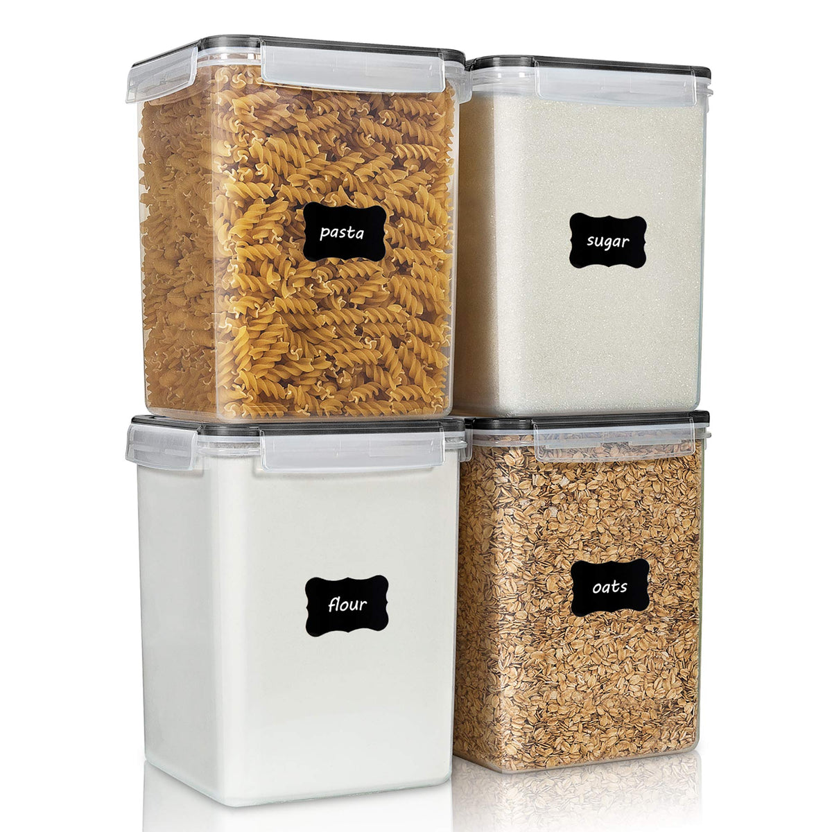 Vtopmart four-pack large storage containers with clear bodies for easy viewing of contents