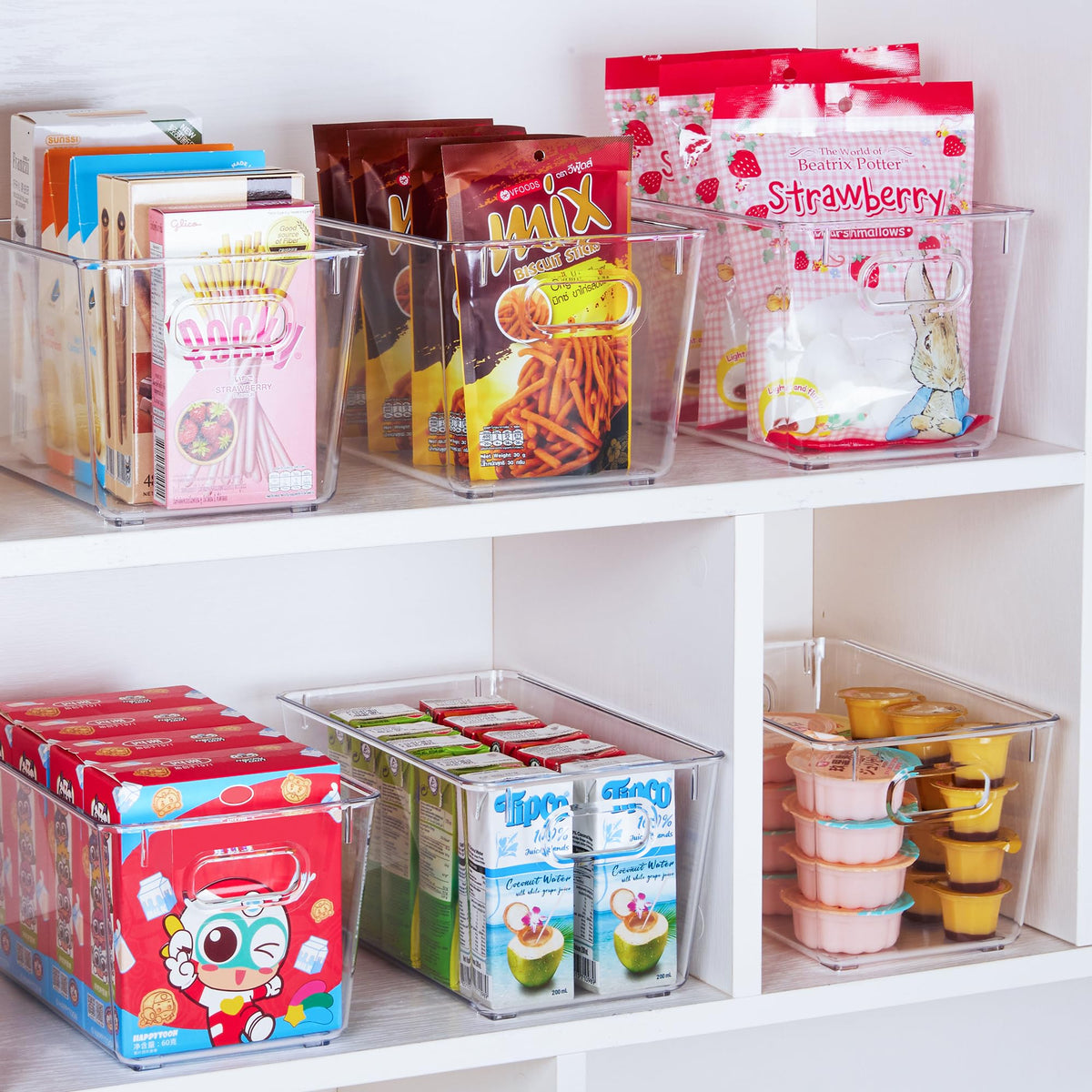 Vtopmart fridge shelf bin clear for organized dairy and beverages.