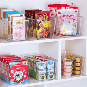 Vtopmart fridge shelf bin clear for organized dairy and beverages.